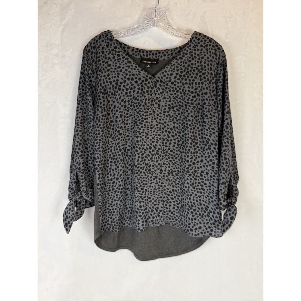 Fortune + Ivy Gray Leopard Print Blouse Tie Sleeve 3/4 Sleeve Top Medium Career